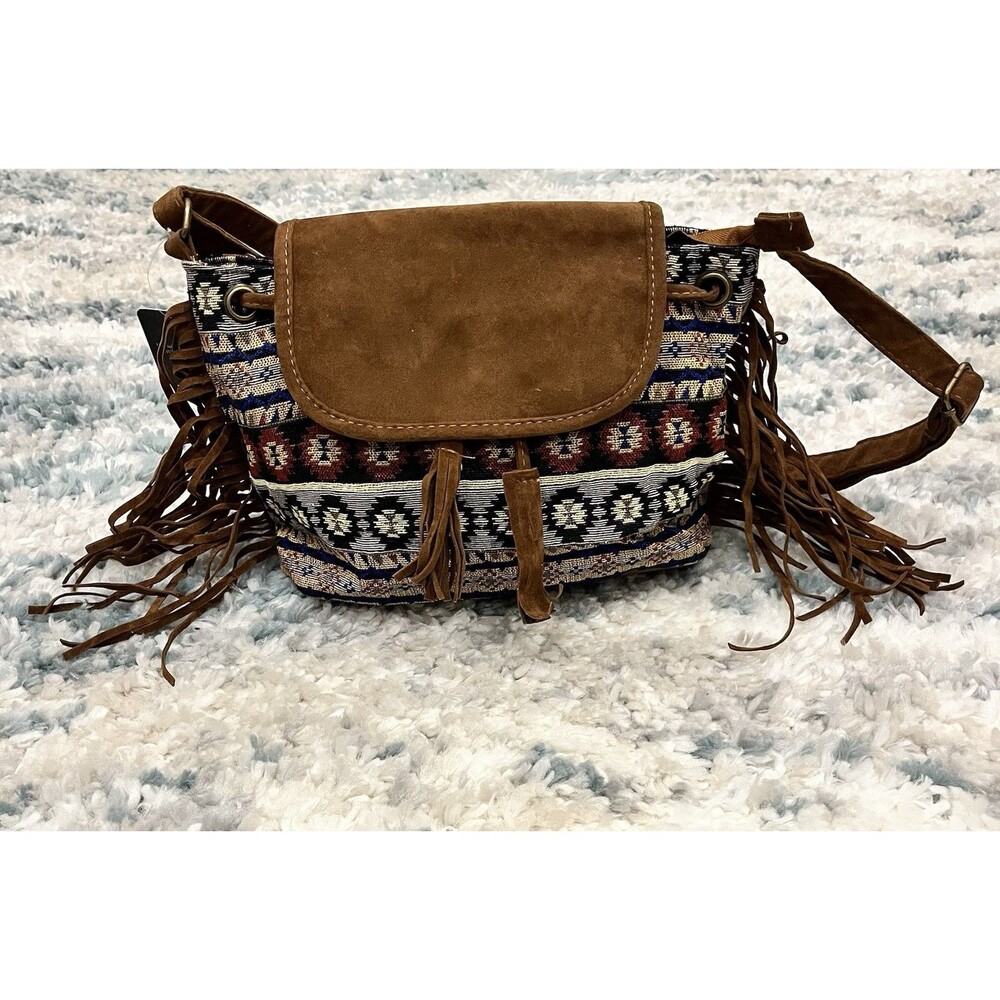 NU TRENDZ Signature Collection Western Geometric Fringe Shoulder Bag Brown
